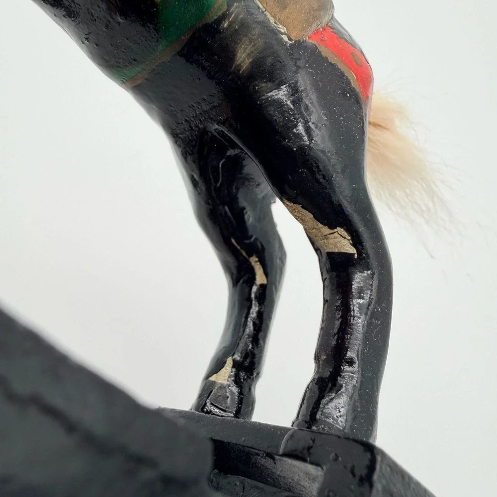 Vintage Hand-Carved Wooden Rocking Horse Figurine with Real Hair Mane and Tail